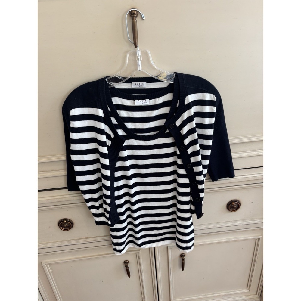 Akris Punto Black White Striped Tank Button Up Cardigan Set‎ Cotton Size 4 Euro